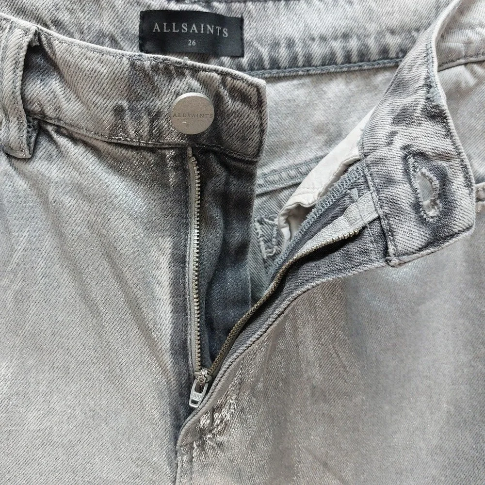 AllSaints Louie Long Shorts Women's 26 Silver Metallic Foil Denim Bermuda Street